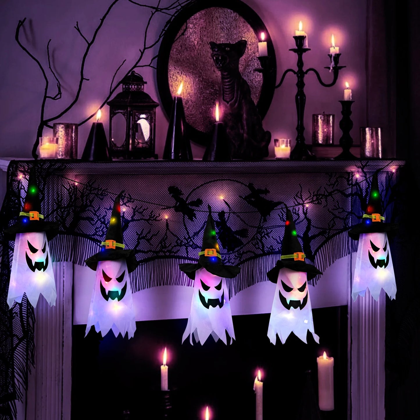 5-Piece Glowing Ghost & Witch-Hat Ornaments
