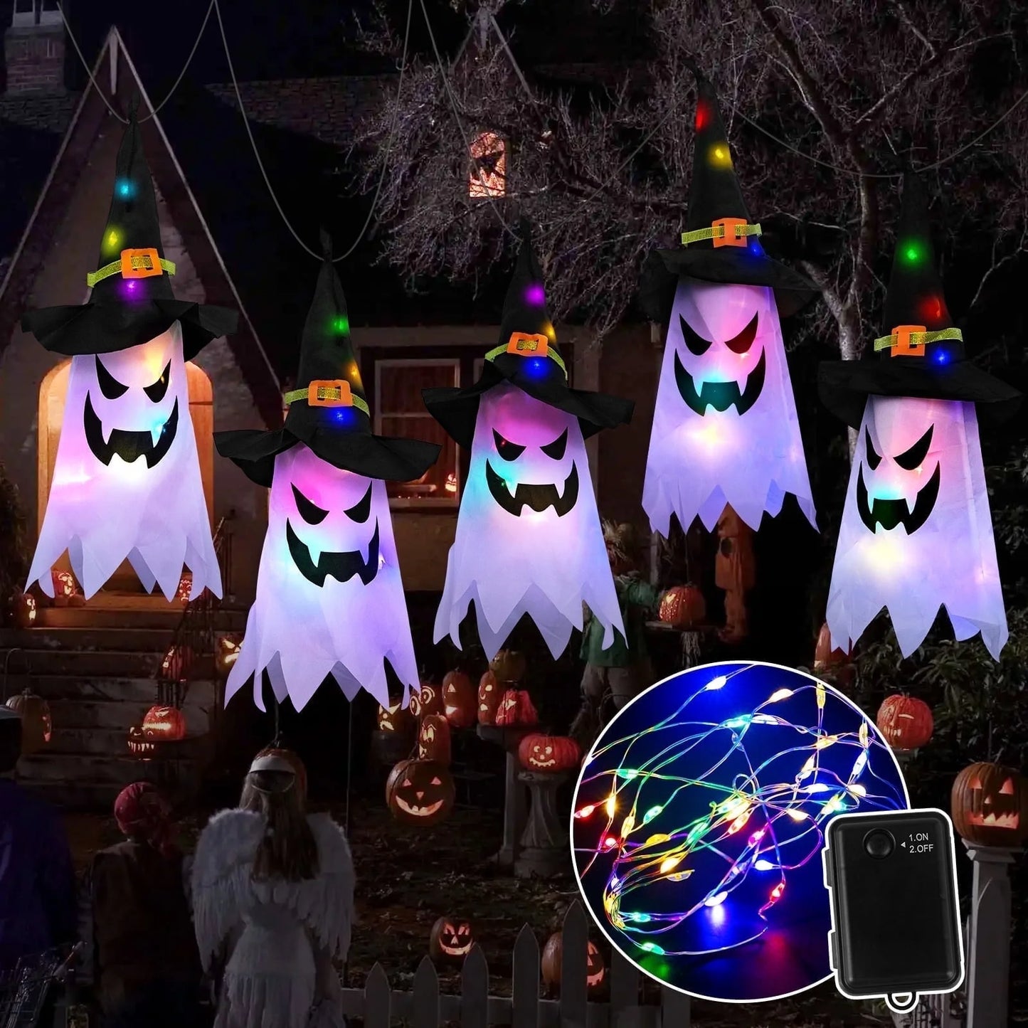 5-Piece Glowing Ghost & Witch-Hat Ornaments