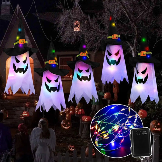 5-Piece Glowing Ghost & Witch-Hat Ornaments