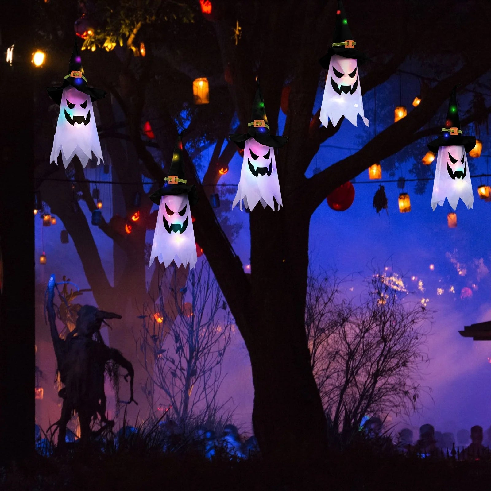 5-Piece Glowing Ghost & Witch-Hat Ornaments