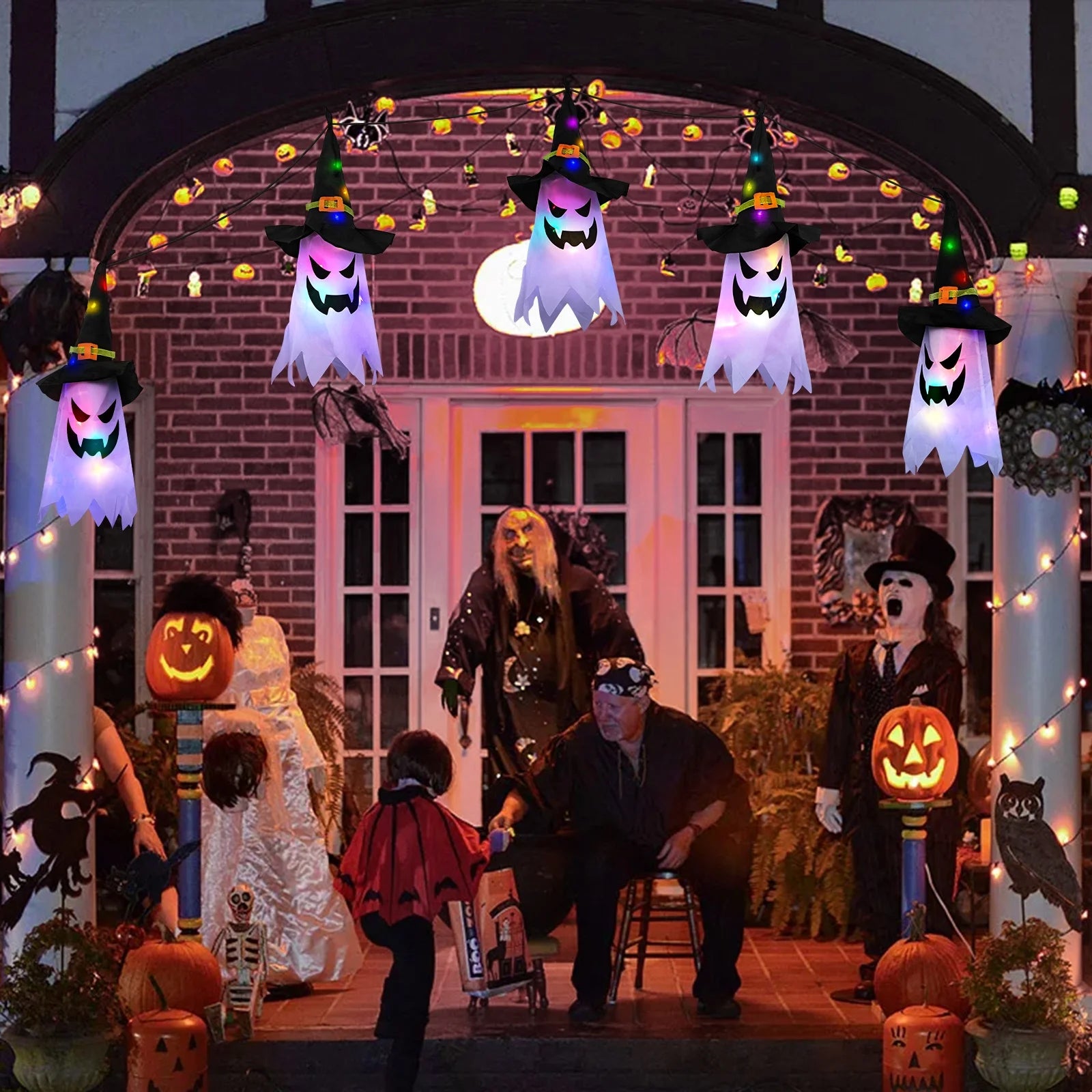 5-Piece Glowing Ghost & Witch-Hat Ornaments