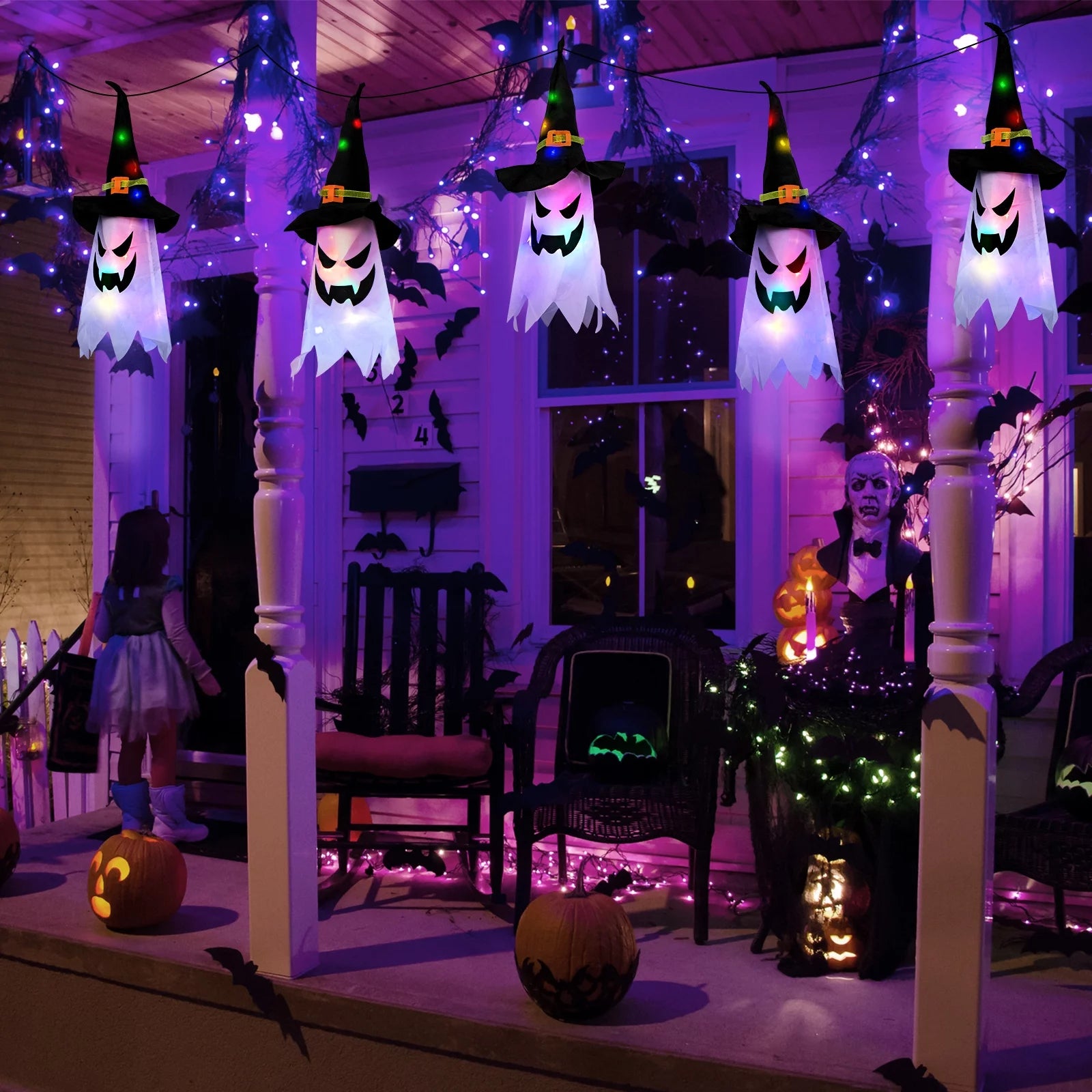 5-Piece Glowing Ghost & Witch-Hat Ornaments